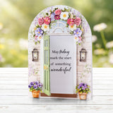 Decorative card with floral arch and door, featuring a motivational message on a blurred outdoor background.
