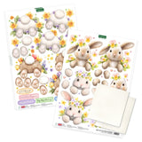Two sheets of decoupage paper with cute bunny designs and flowers on a white background.