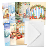 Set of Christmas-themed greeting cards with a white envelope on a white background
