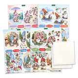 Set of Christmas-themed greeting cards with gnomes and winter scenes, featuring envelopes.