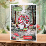 Christmas card with a gnome in a forest setting, featuring 'Warm Wishes' and 'Festive Greetings' text.