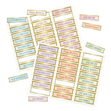 A set of decorative paper labels or stickers with birthday and friendship phrases such as Happy Birthday, Special Birthday, Just for You, and Best Wishes, arranged on a white background.