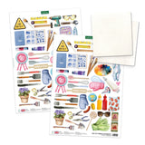 Set of die-cut embellishments with various tools and items on a white background