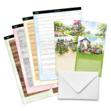 Set of stationery items including letterheads and an envelope with garden-themed designs.