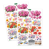 Two sheets of floral stickers with various colorful flowers on a white background.
