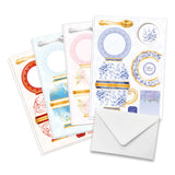 Set of greeting cards with teacup and plate designs on a white background