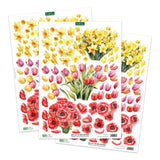 Three sheets of floral decoupage paper with yellow, pink, and red flowers on a white background.