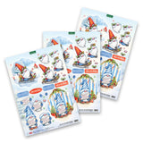 Three sheets of decorative paper with Christmas-themed gnomes on a white background