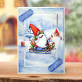Christmas card with Santa Claus and gnomes on a sleigh, surrounded by snow and trees.