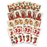 A set of Christmas-themed sticker sheets arranged in a fan layout on a white background. The sheets feature red patterned stockings, green wreaths, gold bells, and holiday decorations.
