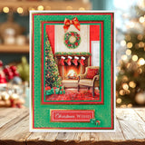 Christmas card with a decorated room, tree, and fireplace on a wooden surface with festive background.