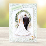 Wedding card with a bride and groom under a floral arch