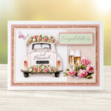 Wedding-themed card with a vintage car, flowers, and champagne glasses on a gradient background.