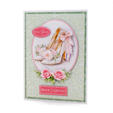 Greeting card with high heels and flowers on a green patterned background