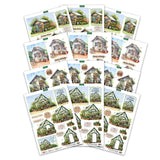 Collection of greeting cards with garden-themed designs on a white background