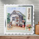 Greeting card with a garden scene and 'Happy Birthday' message on a brick wall background.