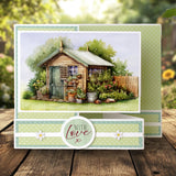 Garden scene with a small wooden shed and plants on a card with 'With Love' text.