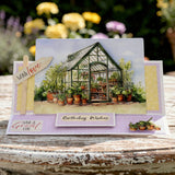 Greeting card with a greenhouse illustration and floral background