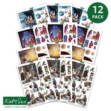 A 12-pack of Catholic Christmas sticker sheets by Katy Sue, featuring various illustrations from the Nativity and Christmas stories, with a green '12 PACK' badge and the Katy Sue logo.