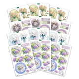 A fan arrangement of five decorative sticker sheets featuring watercolor-style floral designs, including purple hydrangeas, pink roses, white lilies, and lavender wreaths on a white background.