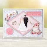 Wedding-themed card with bride and groom, cake, and flowers on a decorative background.