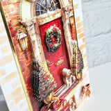 Decorative Christmas card with a red door and wreath on a brick wall background