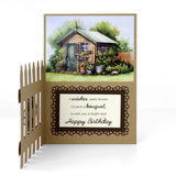 Garden-themed birthday card with a small cabin illustration and decorative text.