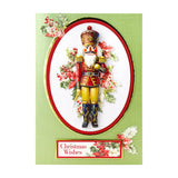 Christmas card with a nutcracker design and 'Christmas Wishes' text on a green background.