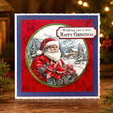 Christmas card with Santa Claus and snowy scene, surrounded by festive decorations.