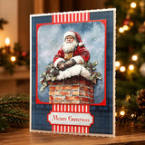 Christmas card with Santa Claus on a chimney, surrounded by festive decorations.
