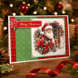 Christmas card with Santa Claus and poinsettias on a decorative background