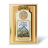 Birthday card with decorative elements and a greenhouse illustration on a white background