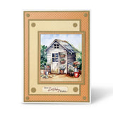 Greeting card with a garden shed illustration and 'Best Birthday Wishes' text on a white background.