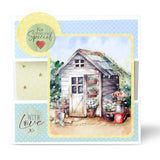 Greeting card with a garden shed and plants on a blue polka dot background