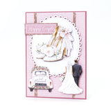 Wedding-themed card with high heels, car, and couple on a pink background