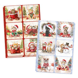 Two sheets of Christmas-themed cat stickers displayed on a white background. One sheet has a red border and the other has a light blue border, both featuring multiple cute illustrations of cats in festive holiday settings like Santa hats, Christmas trees, gifts, and snow.