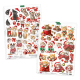 Two sheets of Christmas-themed cat stickers from the brand Petti & Co, featuring illustrated tabby cats in festive red and green holiday attire, Santa hats, gifts, and ornaments on a white background.