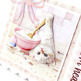 Illustration of a cat with a pink bowl and gold spoon on a textured background
