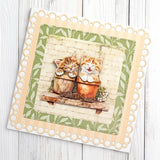 Card with two cats in pots on a decorative background
