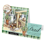 A folded birthday card set with a large square card and a smaller matching card. The front card has a green plaid border and an illustrated scene of gardening tools, pots, and plants, with the words 'Happy Birthday', 'DAD', and 'Wonderful Dad'.