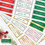 A set of decorative holiday gift tags with festive text such as 'Merry & Bright,' 'Just for You,' and 'Sent with Love' in red, green, pink, gold, and white designs. The tags are arranged on a light background with a small holiday berry illustration in the lower left.