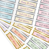 Collection of decorative labels with phrases like 'Happy Birthday', 'Special Friend', and 'Best Wishes' in pastel colors.