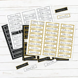 Set of printed labels with various affectionate phrases on a white wooden surface