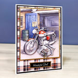 Greeting card with a motorcycle illustration and 'Wonderful Dad' text on a plaid background.