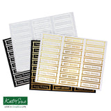Set of 'Happy Birthday' labels in gold and black on a white background, with Katy Sue branding.