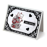Birthday card with decorative teapot illustration and text on a white background