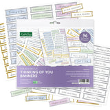 Kate and Sofie Thinking of You Banners sticker pack, featuring 96 foiled and die-cut labels with various sympathy and thoughtfulness phrases in pastel colors with gold borders.