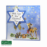 Christmas card with animals and a star-shaped banner on a blue background