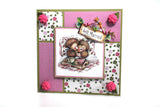Greeting card with teddy bears and 'Just Married' text on a decorative background