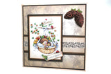 Decorative card with teddy bear, basket, and pinecones on a textured background